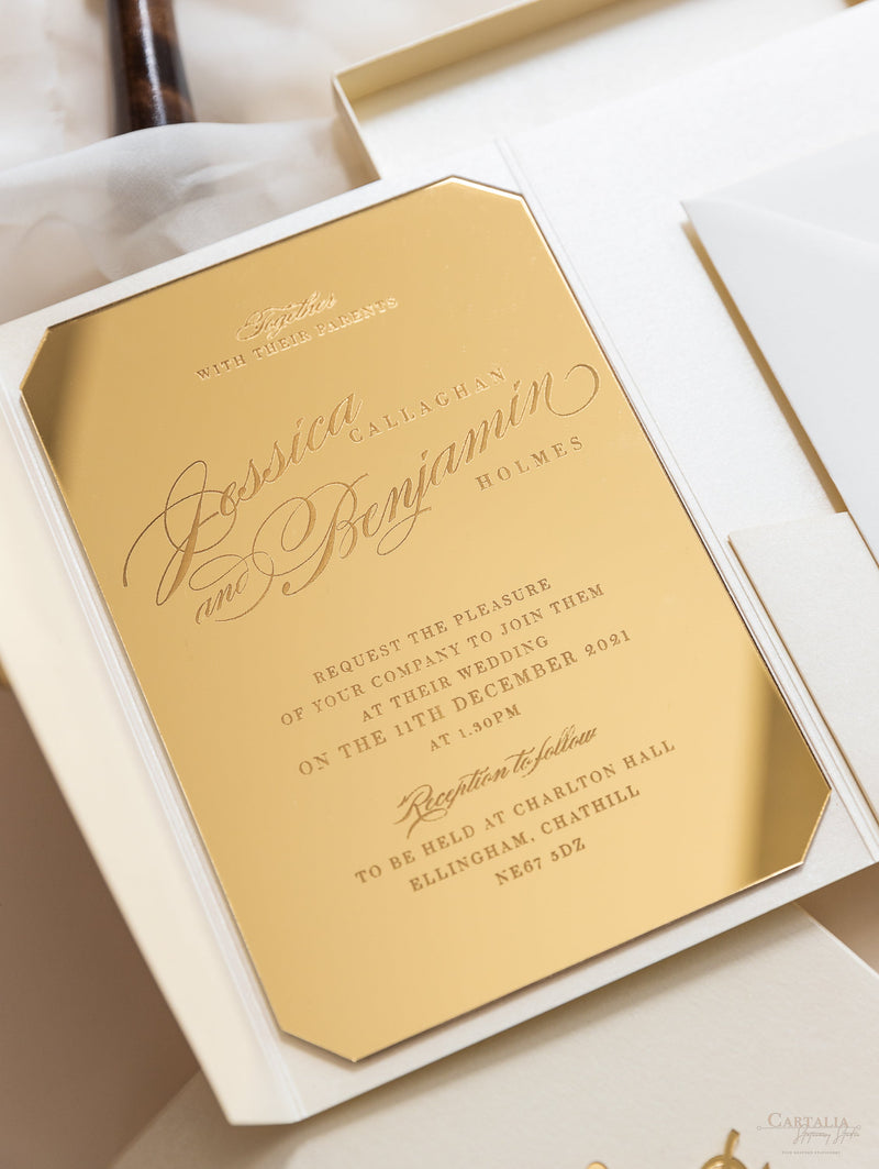 Luxury Boxed Wedding Invitation Pocket Envelope & Wax Seal and Modern Mirror Gold Plexi Wedding Invitation with Rsvp & Menu Options