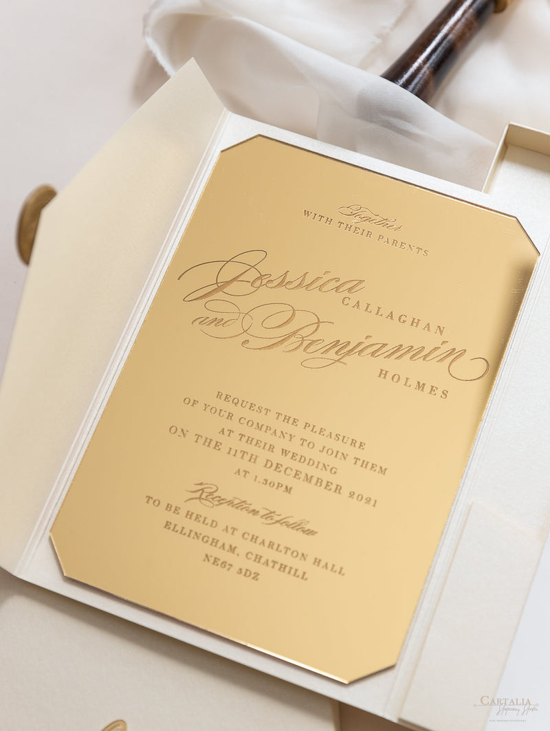 Luxury Boxed Wedding Invitation Pocket Envelope & Wax Seal and Modern Mirror Gold Plexi Wedding Invitation with Rsvp & Menu Options