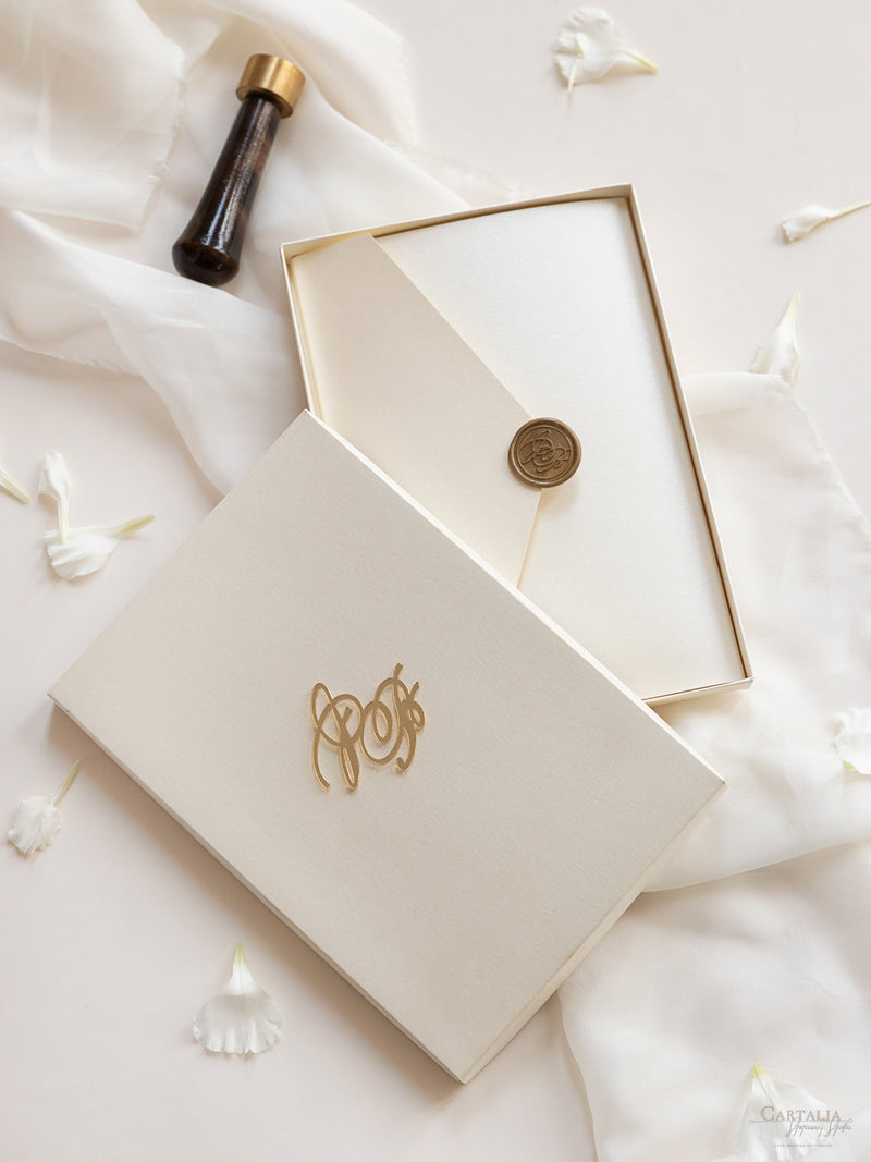 Luxury Boxed Wedding Invitation Pocket Envelope & Wax Seal and Modern Mirror Gold Plexi Wedding Invitation with Rsvp & Menu Options