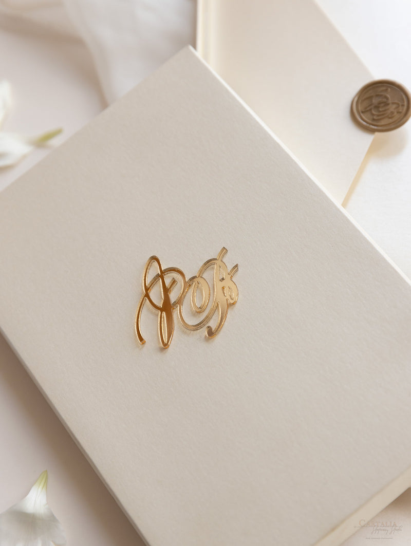 Luxury Boxed Wedding Invitation Pocket Envelope & Wax Seal and Modern Mirror Gold Plexi Wedding Invitation with Rsvp & Menu Options