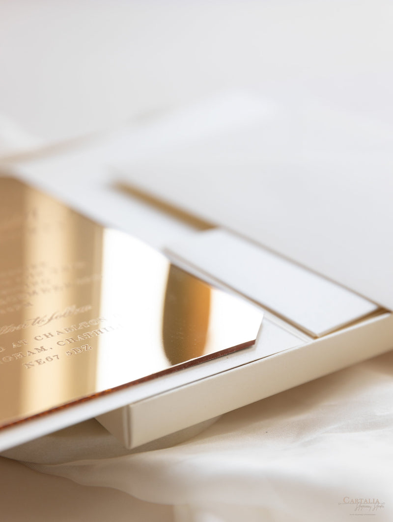 Luxury Boxed Wedding Invitation Pocket Envelope & Wax Seal and Modern Mirror Gold Plexi Wedding Invitation with Rsvp & Menu Options