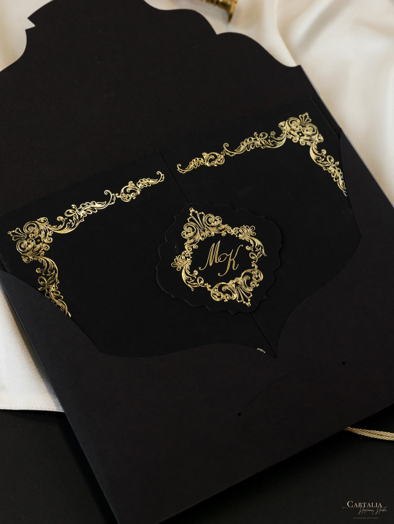 Black Velveteen Luxury Gold Foil Invitation pocket fold suite for Wedding Day, Rsvp, Info Card with Laser Cut pocket