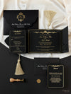 Black Velveteen Luxury Gold Foil Invitation pocket fold suite for Wedding Day, Rsvp, Info Card with Laser Cut pocket