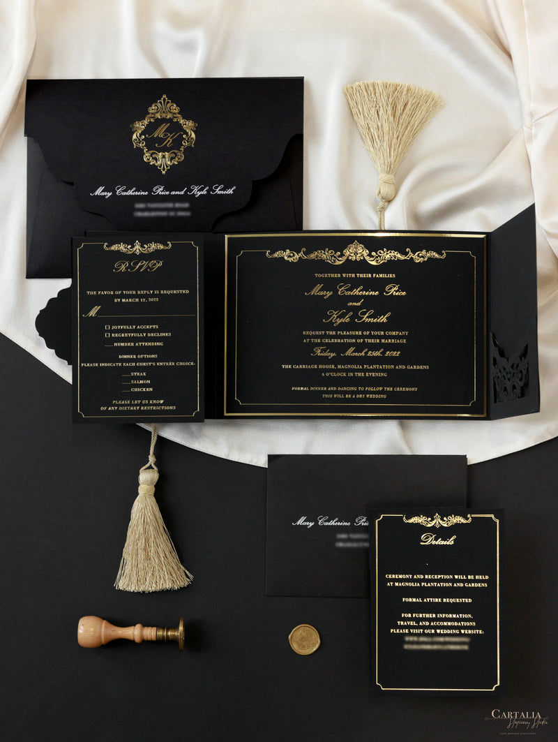 Black Velveteen Luxury Gold Foil Invitation pocket fold suite for Wedding Day, Rsvp, Info Card with Laser Cut pocket