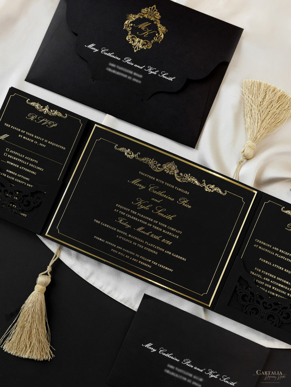 Black Velveteen Luxury Gold Foil Invitation pocket fold suite for Wedding Day, Rsvp, Info Card with Laser Cut pocket