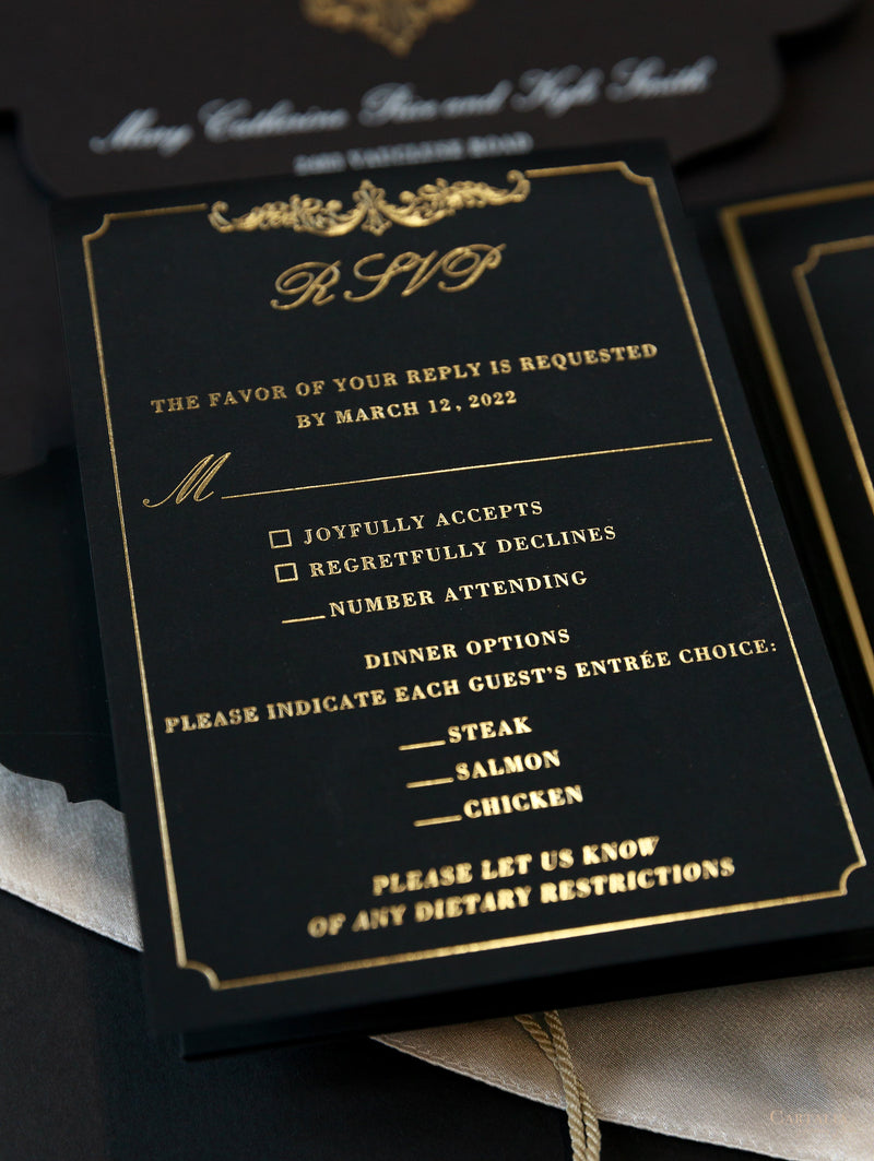 Black Velveteen Luxury Gold Foil Invitation pocket fold suite for Wedding Day, Rsvp, Info Card with Laser Cut pocket