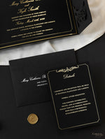 Black Velveteen Luxury Gold Foil Invitation pocket fold suite for Wedding Day, Rsvp, Info Card with Laser Cut pocket