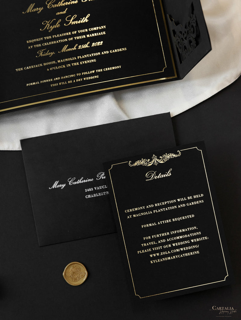 Black Velveteen Luxury Gold Foil Invitation pocket fold suite for Wedding Day, Rsvp, Info Card with Laser Cut pocket
