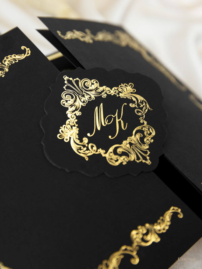 Black Velveteen Luxury Gold Foil Invitation pocket fold suite for Wedding Day, Rsvp, Info Card with Laser Cut pocket