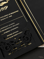 Black Velveteen Luxury Gold Foil Invitation pocket fold suite for Wedding Day, Rsvp, Info Card with Laser Cut pocket