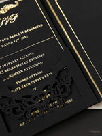 Suite plegable de bolsillo de invitación de lámina dorada de lujo de pana negra para el día de la boda, confirmación de asistencia, tarjeta de información con bolsillo cortado con láser