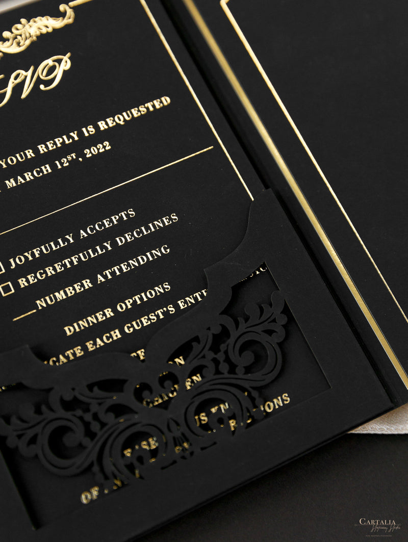Black Velveteen Luxury Gold Foil Invitation pocket fold suite for Wedding Day, Rsvp, Info Card with Laser Cut pocket
