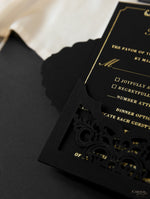 Black Velveteen Luxury Gold Foil Invitation pocket fold suite for Wedding Day, Rsvp, Info Card with Laser Cut pocket