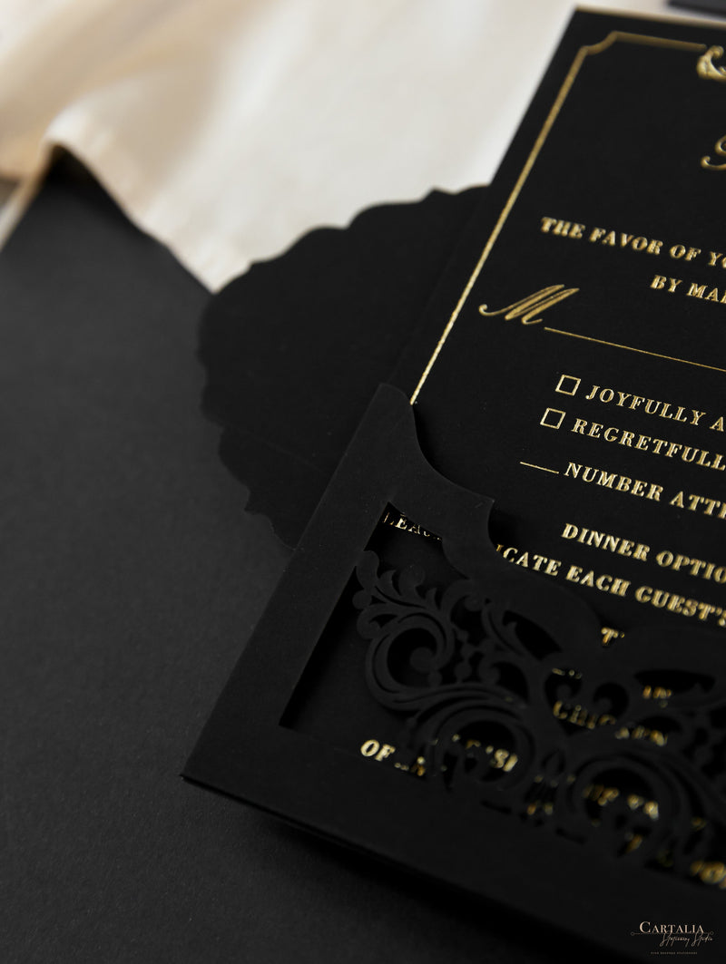 Black Velveteen Luxury Gold Foil Invitation pocket fold suite for Wedding Day, Rsvp, Info Card with Laser Cut pocket