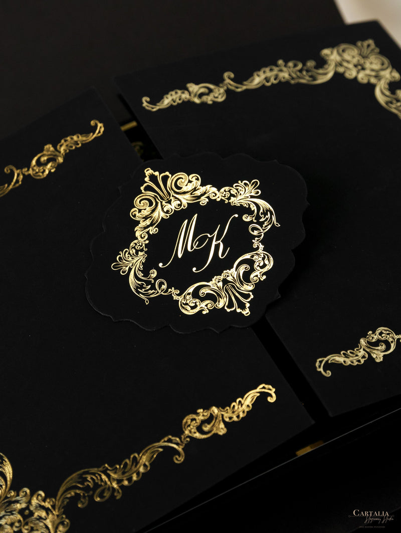 Black Velveteen Luxury Gold Foil Invitation pocket fold suite for Wedding Day, Rsvp, Info Card with Laser Cut pocket