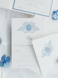 Invitación de boda en acuarela con tu lugar | Bolsillo de lujo con tipografía y sobre con borde adornado