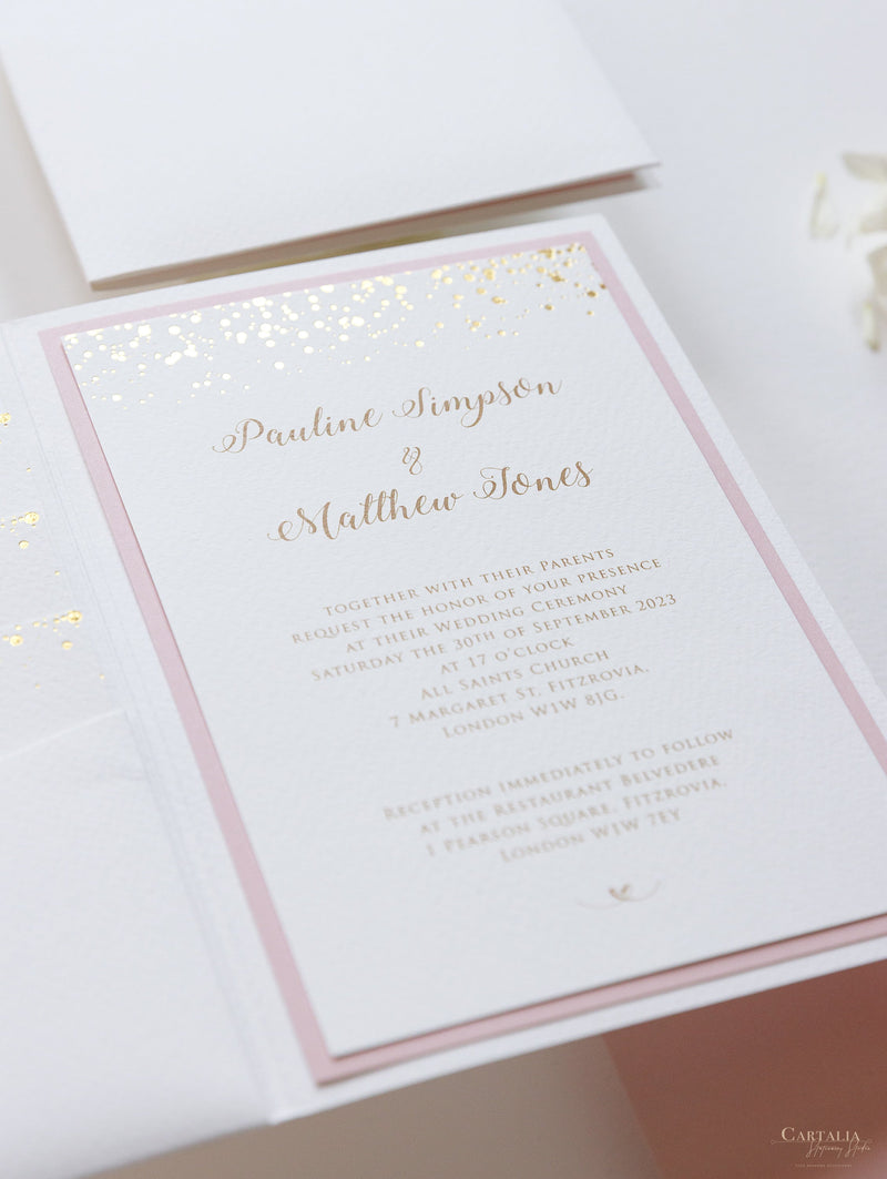 Luxury Royal Gold Foil Confetti Dotted Blush Pink Pocket fold Wedding Invitation Suite