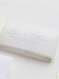 Embossed Luxury Pearl Pocket Fold Invitation with Reception and Rsvp Cards Bound in Vellum Belly Band + Envelopes