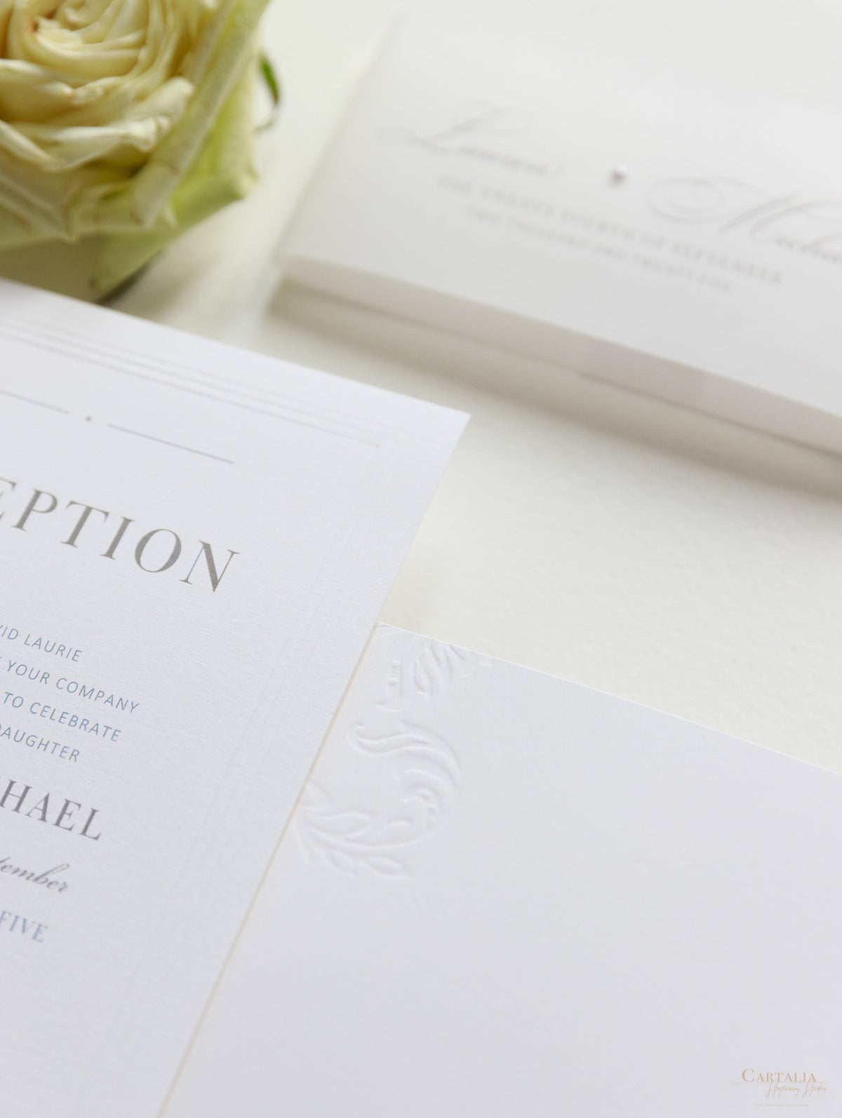 Embossed Luxury Pearl Pocket Fold Invitation with Reception and Rsvp Cards Bound in Vellum Belly Band + Envelopes