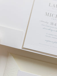 Embossed Luxury Pearl Pocket Fold Invitation with Reception and Rsvp Cards Bound in Vellum Belly Band + Envelopes