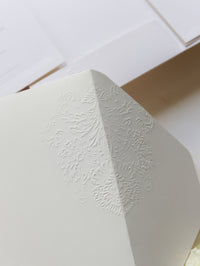 Embossed Luxury Pearl Pocket Fold Invitation with Reception and Rsvp Cards Bound in Vellum Belly Band + Envelopes