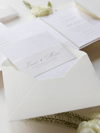 Embossed Luxury Pearl Pocket Fold Invitation with Reception and Rsvp Cards Bound in Vellum Belly Band + Envelopes