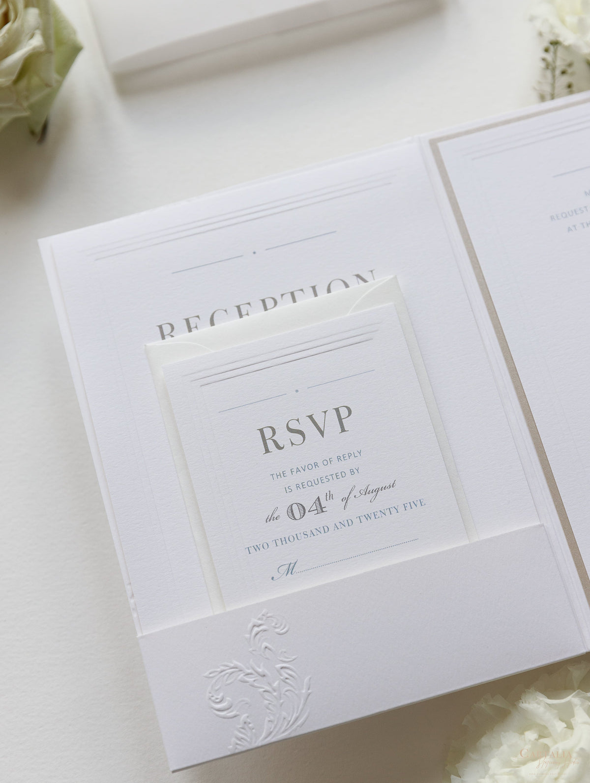 Embossed Luxury Pearl Pocket Fold Invitation with Reception and Rsvp Cards Bound in Vellum Belly Band + Envelopes