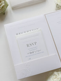 Embossed Luxury Pearl Pocket Fold Invitation with Reception and Rsvp Cards Bound in Vellum Belly Band + Envelopes