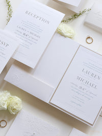 Embossed Luxury Pearl Pocket Fold Invitation with Reception and Rsvp Cards Bound in Vellum Belly Band + Envelopes