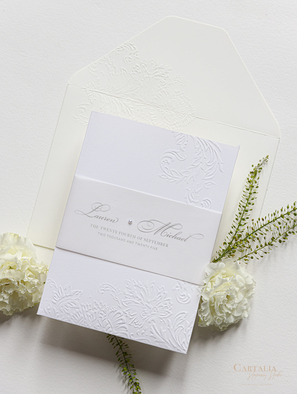 Embossed Luxury Pearl Pocket Fold Invitation with Reception and Rsvp Cards Bound in Vellum Belly Band + Envelopes