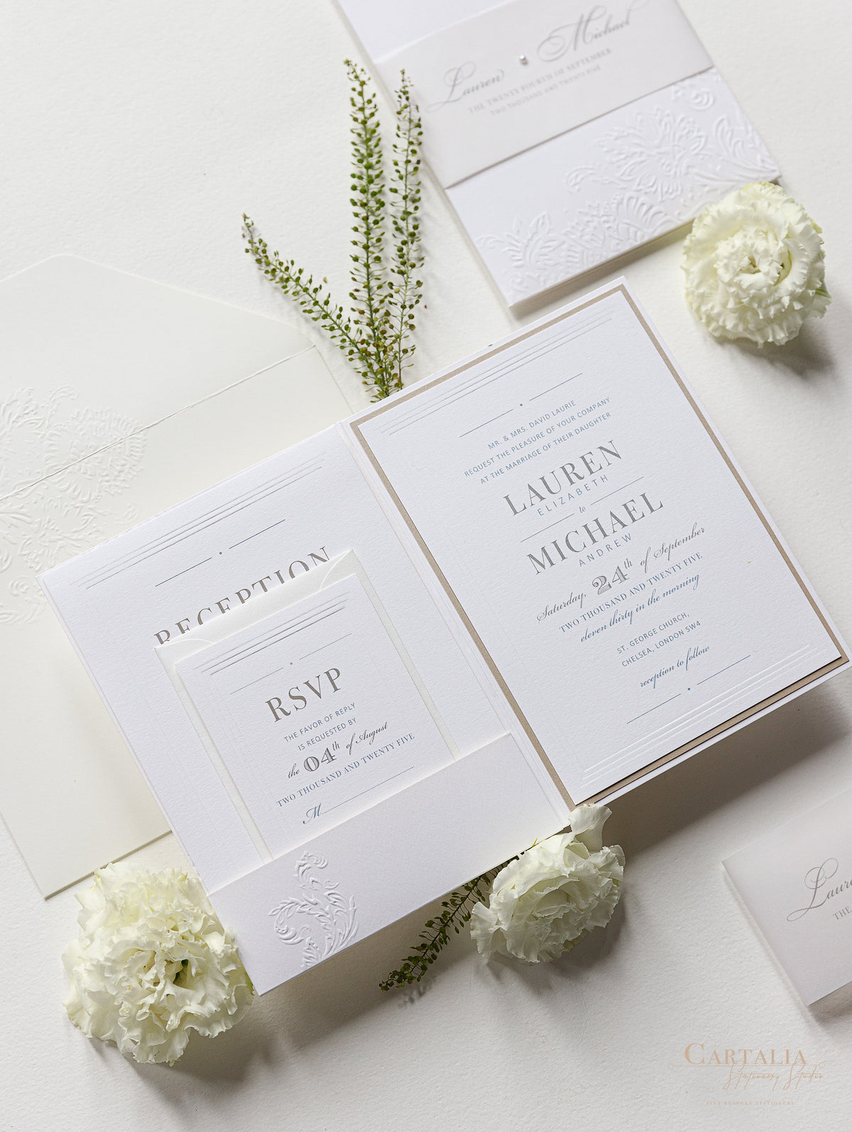 Embossed Luxury Pearl Pocket Fold Invitation with Reception and Rsvp Cards Bound in Vellum Belly Band + Envelopes