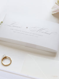 Embossed Luxury Pearl Pocket Fold Invitation with Reception and Rsvp Cards Bound in Vellum Belly Band + Envelopes