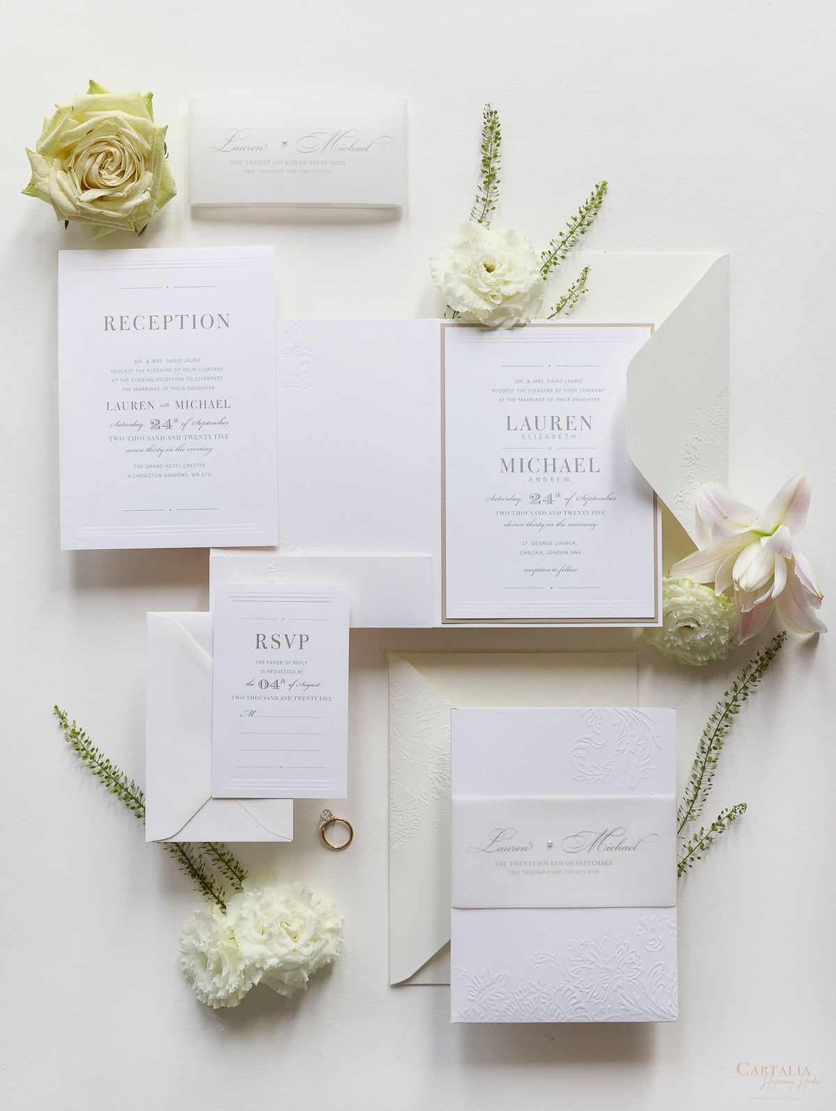 Embossed Luxury Pearl Pocket Fold Invitation with Reception and Rsvp Cards Bound in Vellum Belly Band + Envelopes