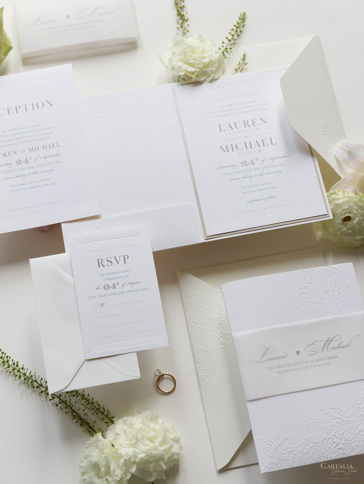 Embossed Luxury Pearl Pocket Fold Invitation with Reception and Rsvp Cards Bound in Vellum Belly Band + Envelopes