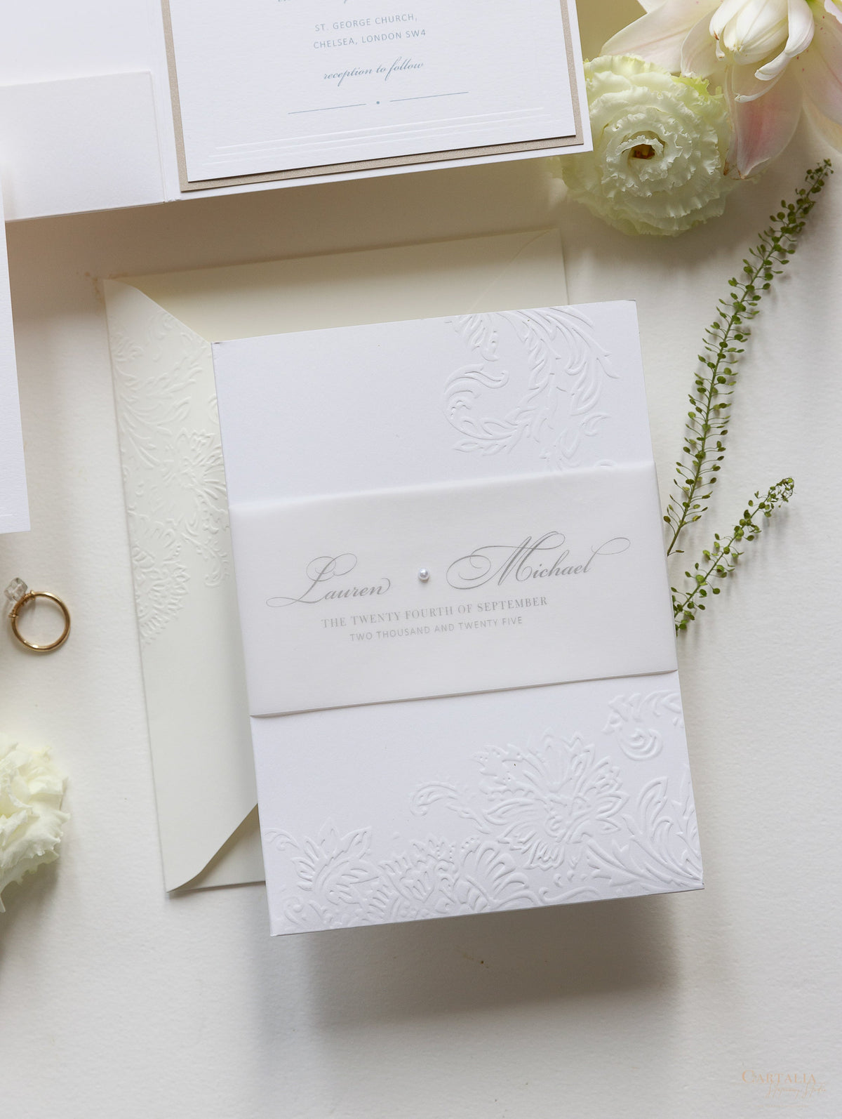 Embossed Luxury Pearl Pocket Fold Invitation with Reception and Rsvp Cards Bound in Vellum Belly Band + Envelopes