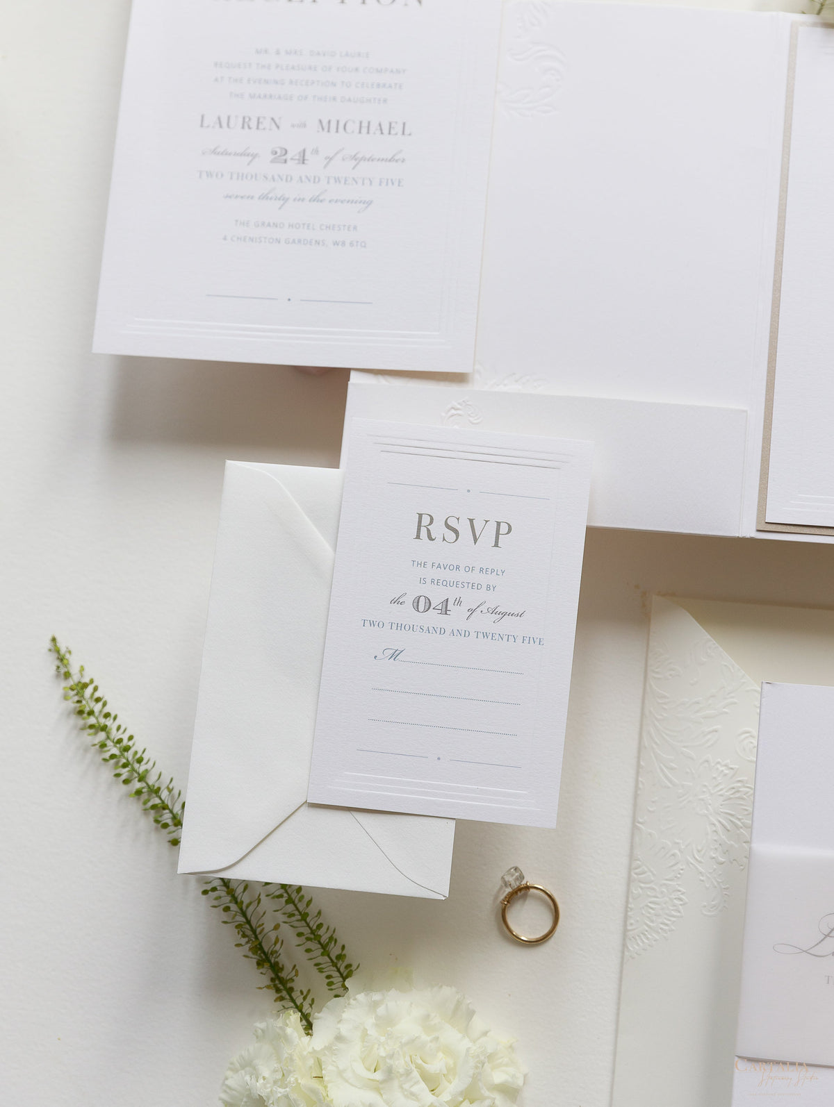 Embossed Luxury Pearl Pocket Fold Invitation with Reception and Rsvp Cards Bound in Vellum Belly Band + Envelopes