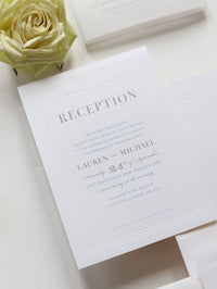 Embossed Luxury Pearl Pocket Fold Invitation with Reception and Rsvp Cards Bound in Vellum Belly Band + Envelopes