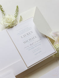 Embossed Luxury Pearl Pocket Fold Invitation with Reception and Rsvp Cards Bound in Vellum Belly Band + Envelopes