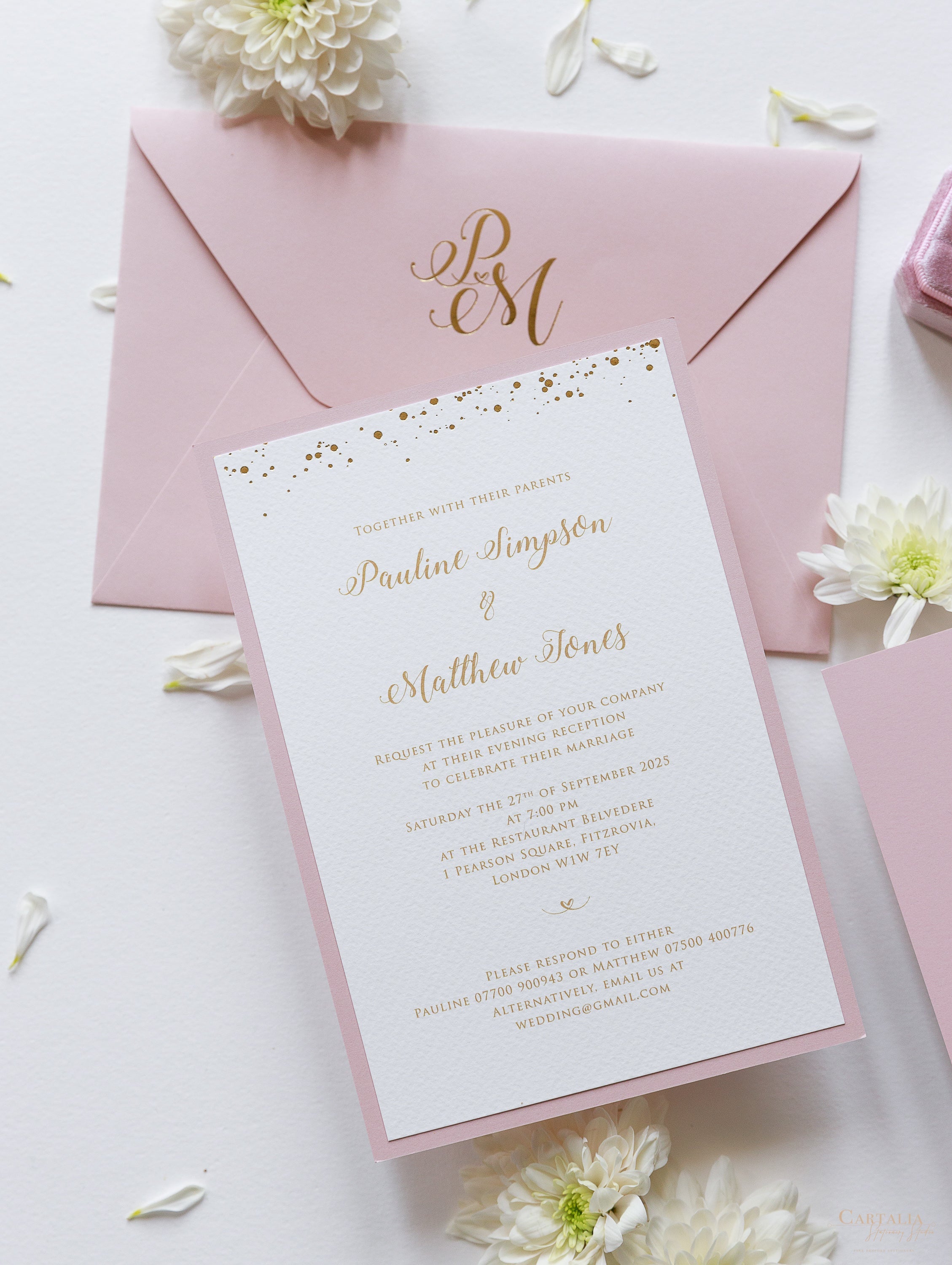 Confetti Dotted Blush Pink Evening Invitation with Gold Foil
