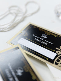 Invitación plegable para el día de la boda con corte láser del Gran Gatsby Art Déco en negro y dorado