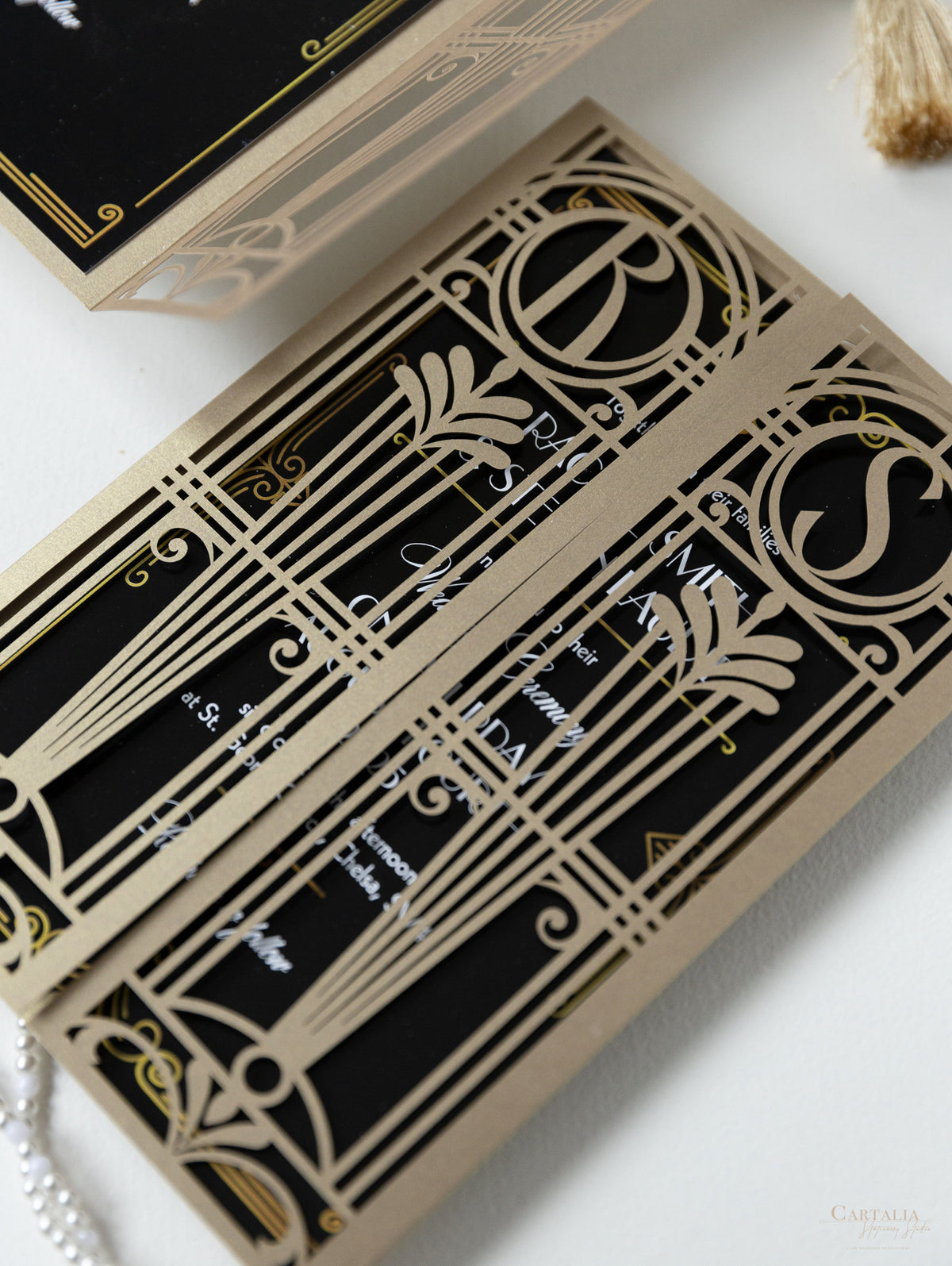 Black & Gold Art Deco Great Gatsby Laser Cut Gatefold Wedding Day Invitation