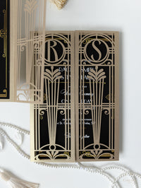 Invitación plegable para el día de la boda con corte láser del Gran Gatsby Art Déco en negro y dorado