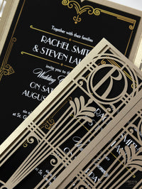 Black & Gold Art Deco Great Gatsby Laser Cut Gatefold Wedding Day Invitation