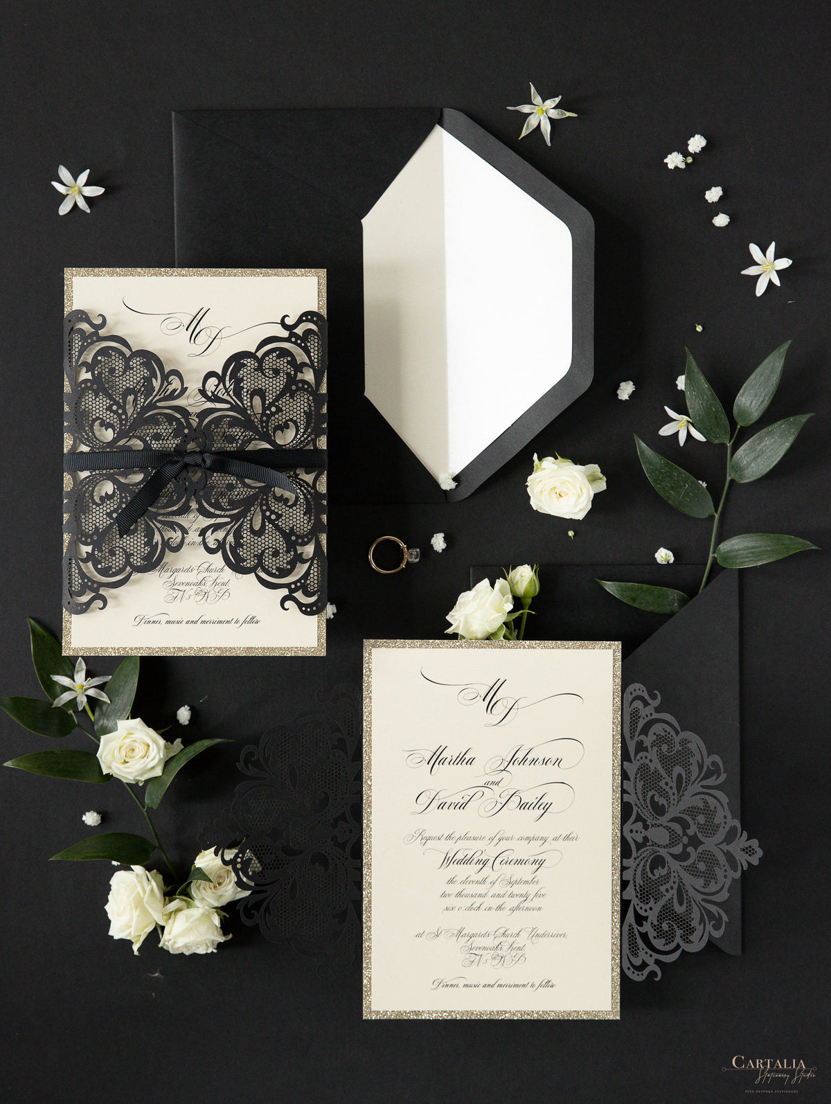 Black Opulence Elegant Laser Gatefold with Ribbon Tie design and Gold Glitter.