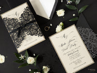 Black Opulence Elegant Laser Gatefold with Ribbon Tie design and Gold Glitter.