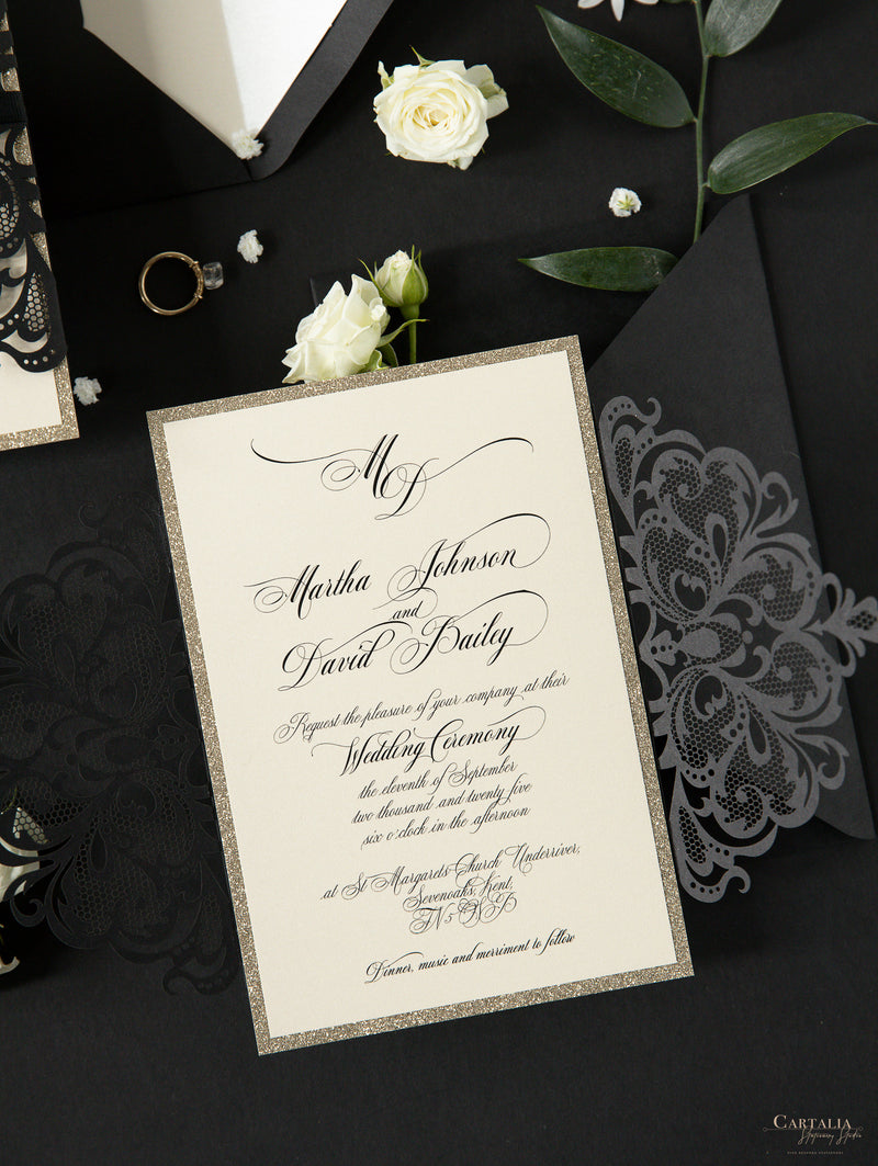 Black Opulence Elegant Laser Gatefold with Ribbon Tie design and Gold ...