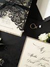 Black Opulence Elegant Laser Gatefold with Ribbon Tie design and Gold Glitter.