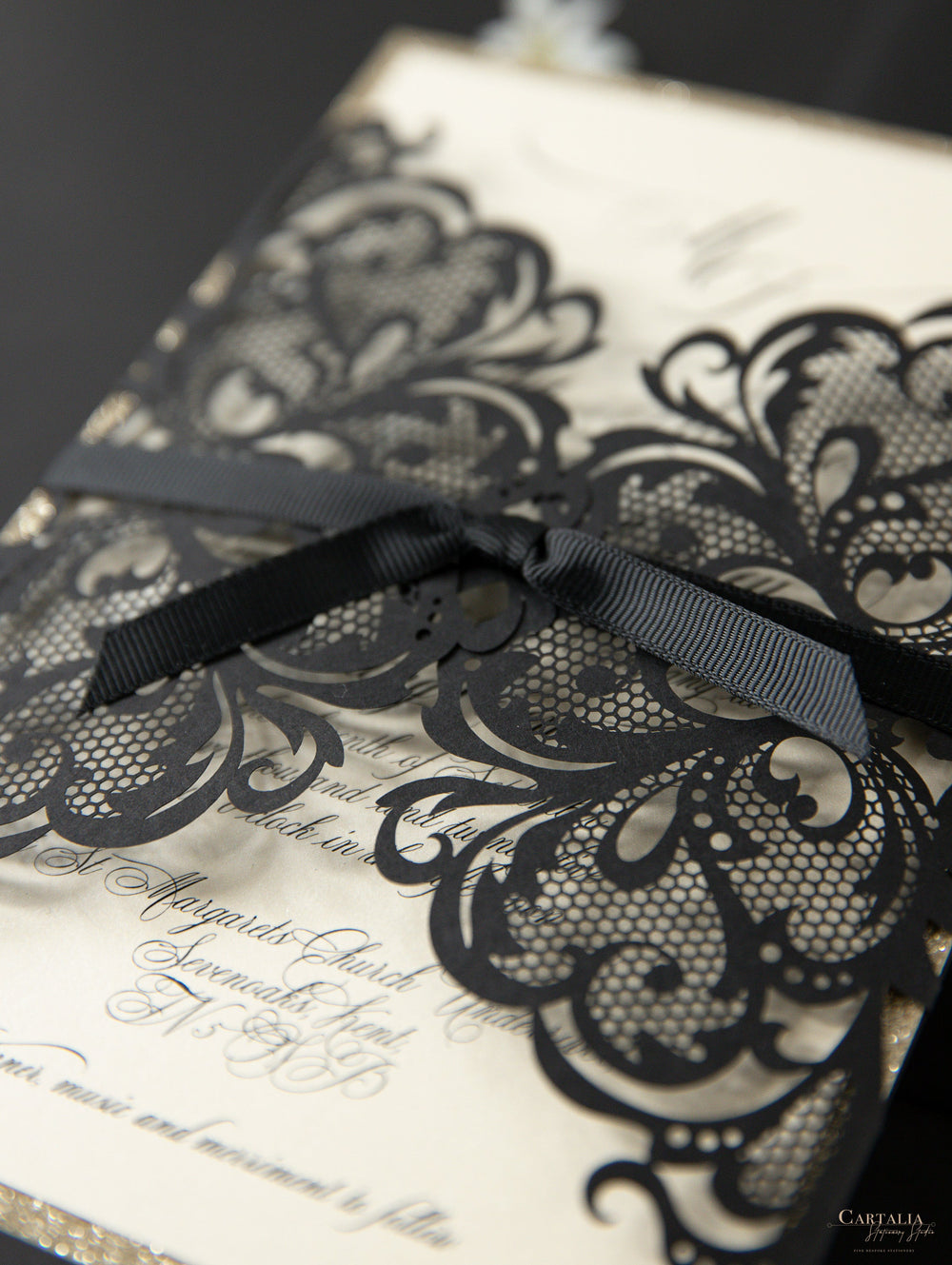 Black Opulence Elegant Laser Gatefold with Ribbon Tie design and Gold ...