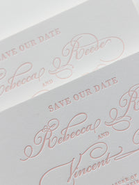 Impresión tipográfica de lujo elegante Save the Date en tablero 100 % algodón de 710 g/m²