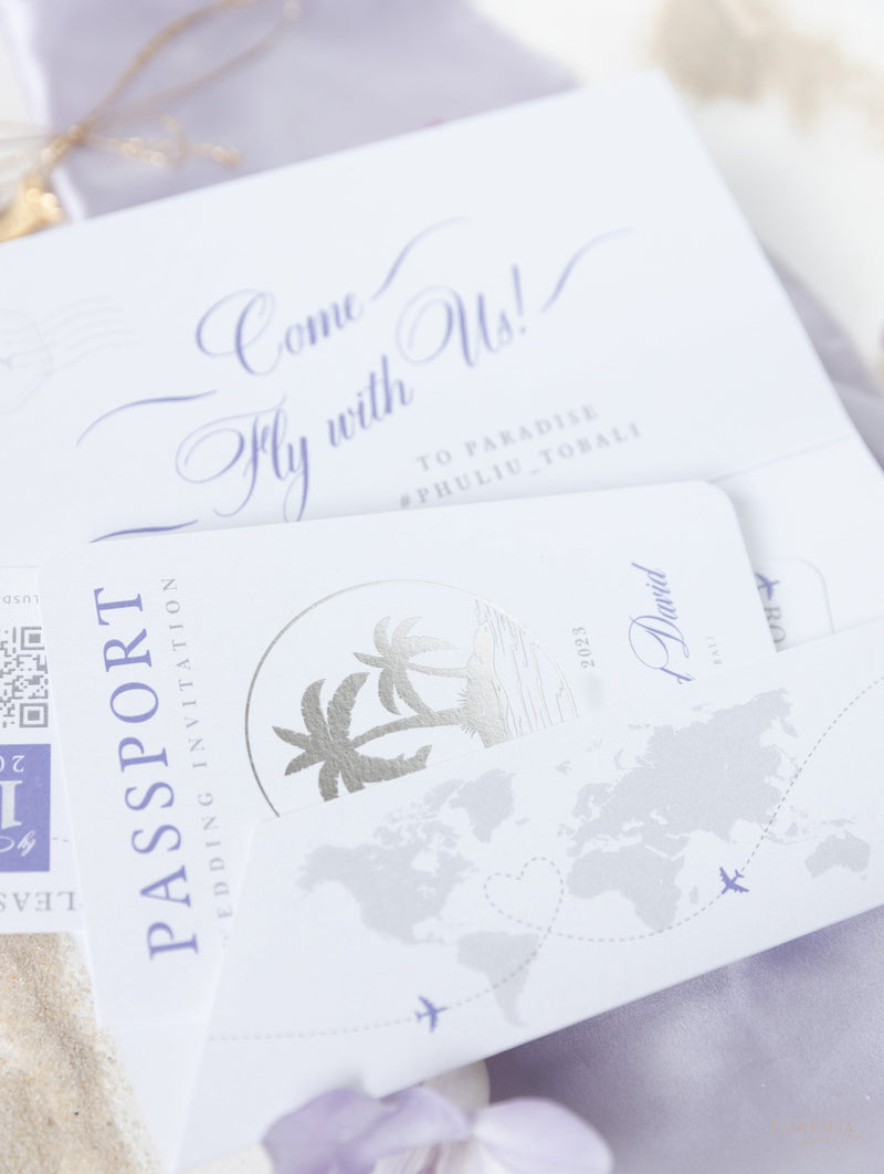 Lilac FOLDER Wallet : Luxury Silver Wedding Passport Invite in Pocket & Mirror Plane Tag Passport Invitation Suite
